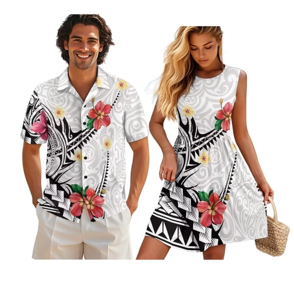 Jeiento Polynesian Matching Vacation Outfits for Couples Flower Shirt for Men Beach Dresses for Women 2026 Vacation Shirts for Men and Women Matching Hawaiian Outfits