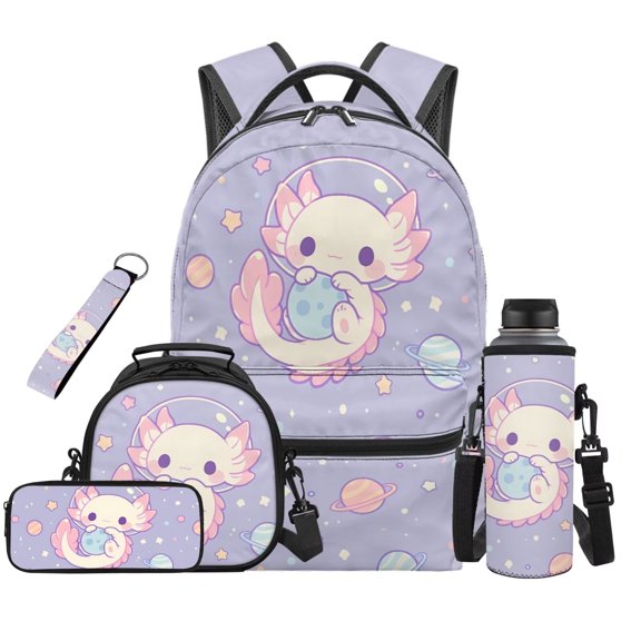 Jeiento Purple Axolotl Kids Backpack Set 5 Piece 17 Inch Soft Backpack with Lunch Bag Pencil Case for 9-12 Years Old Middle School Kawaii School Bags