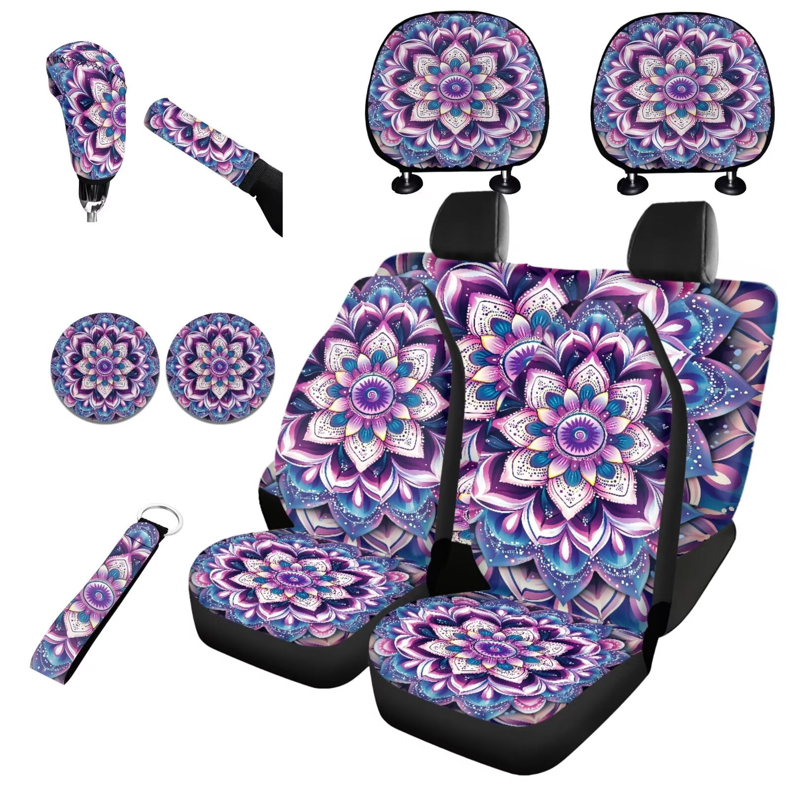 Jeiento Purple Boho Mandala Car Seat Covers Full Set with Headrest Covers, Auto Keychain Holder, Cup Coasters, Gear Shift Cover, Handbrake Cover, 11 Piece Automobile Interior Sets