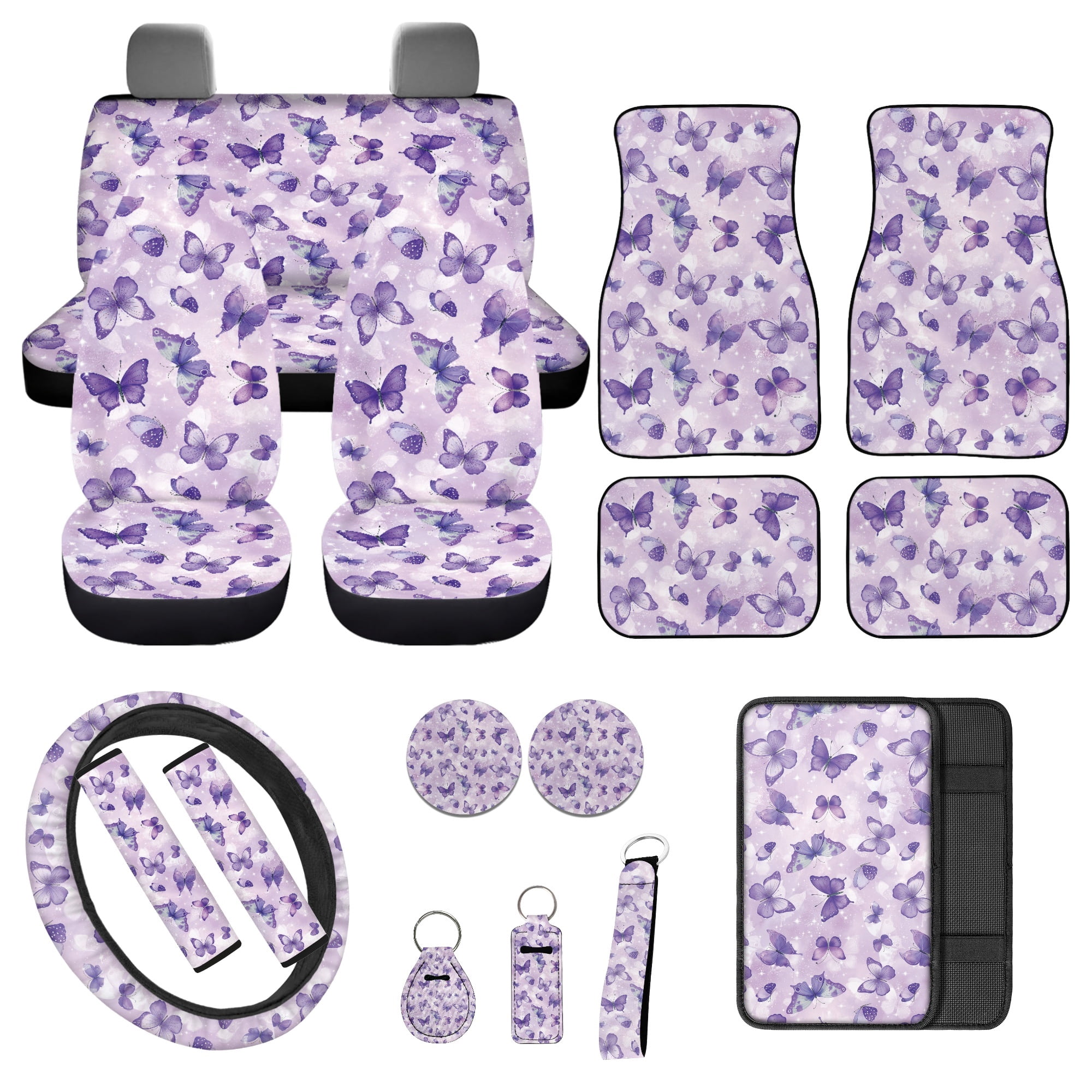 Jeiento Purple Butterfly Automotive Seat Covers Full Set for Women, 17 Pcs Car Interior Decorative Accessories Include Car Seat Covers Floor Mats Steering Wheel Cover Armrest Cover