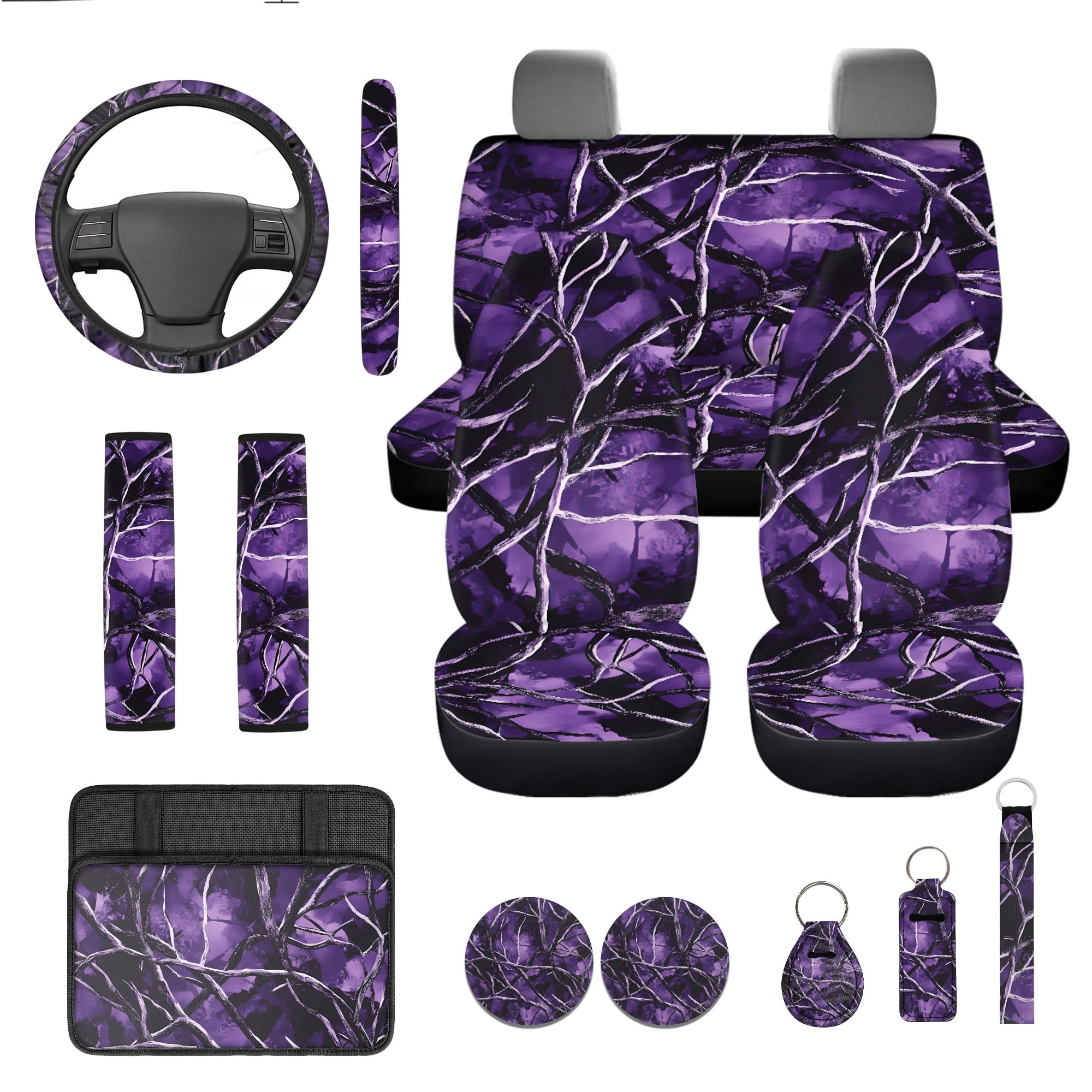 Jeiento Purple Camo Hunting Car Seat Cover Full Set with Steering Wheel Cover Seat Belt Pads Cup Holders Keychain for Most Vehicles Auto Accessories Fit for Most Vehicles