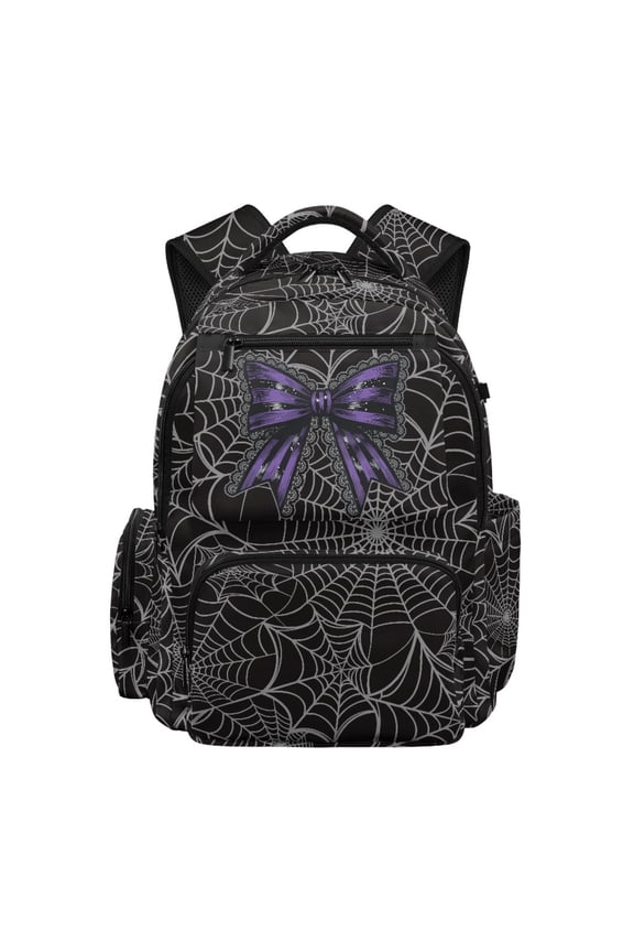 Purple Spider Bow Kids School Backpack for Girls 17 Inch Cute Gothic School Bag, Black Lightweight Elementary Backpack with Padded Laptop Sleeve & Multi-Pockets for 9-12 Years Old