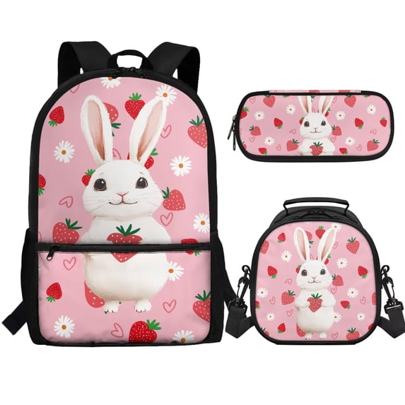 Jeiento Rabbit Backpack and Lunch Bag Set for Girls 6-8 Kids School Bookbag with Lunch Box Pencil Case Strawberry Elementary Primary Students Schoolbag Set, 3 IN 1