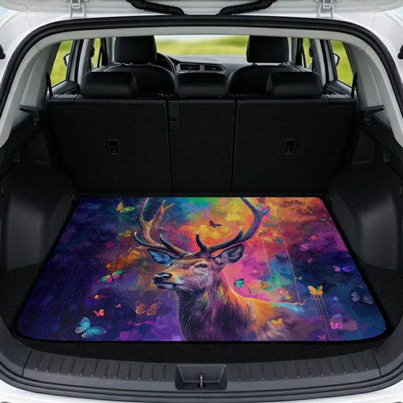 Jeiento Rainbow Deer Butterfly Car Trunk Mat Thick Cargo Liner Non Slip Backing Universal Fit Easy Install Stain Resistant All Weather Floor Protector for Sedan SUV Hatchback Most Vehicles