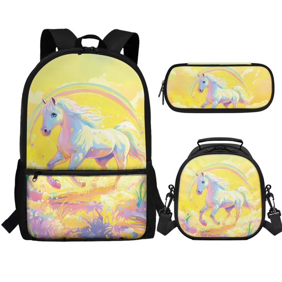 Jeiento Rainbow Horse Backpack for Middle School Girls School Bags Set with Lunch Box Pencil Case Sets 3 In 1 Personalized Elementary Bookbags Daypack Yellow