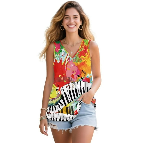 Jeiento Rainbow Splash Music Notes Tank Tops for Women Loose Fit Casual Flowy Tunic Tops Colorful Musical T-shirt Wide Strap Sleeveless Blouse Basic Tee Musical Festival Tops Teacher Outfits,4XL