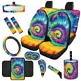 thumbnail image 1 of Jeiento Rainbow Tie Dye 14 Pack Car Seat Cover Full Set with Steering Wheel Cover Auto Seatbelt Pads Cup Coaster Trash Can Rear View Mirror Cover Coasters Armrest Cover Gear Shift Knob Cover Set, 1 of 7