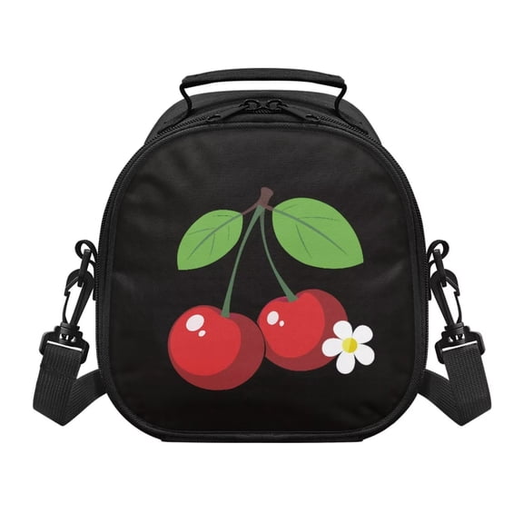 Jeiento Red Cherry Insulated Lunch Box for Kids School Lunch Bag with Removable Shoulder Strap Meal Prep Tote Bag Leakproof Lunchbox for Girls for Camping Hiking Picnic Beach Black