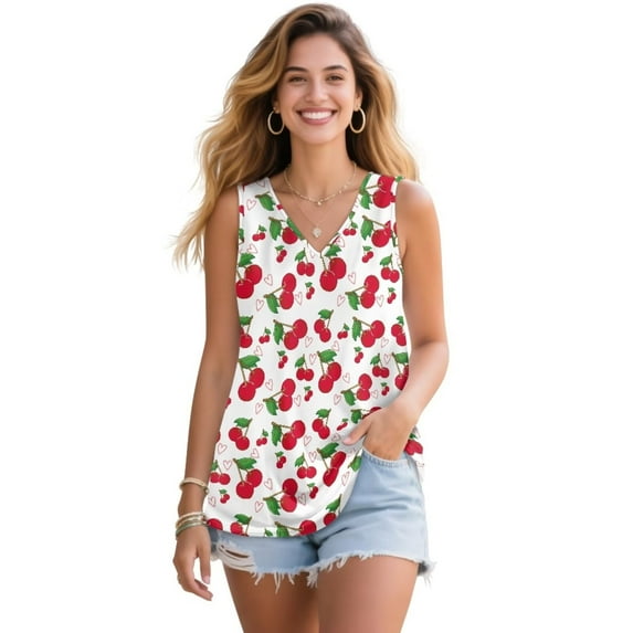 Jeiento Red Cherry Print Workout Tank Tops for Women Summer Sleeveless T-shirt Loose Fit Breathable Tunic Tops Pleated T-shirt Basic Business Casual Tshirt Plus Size,L