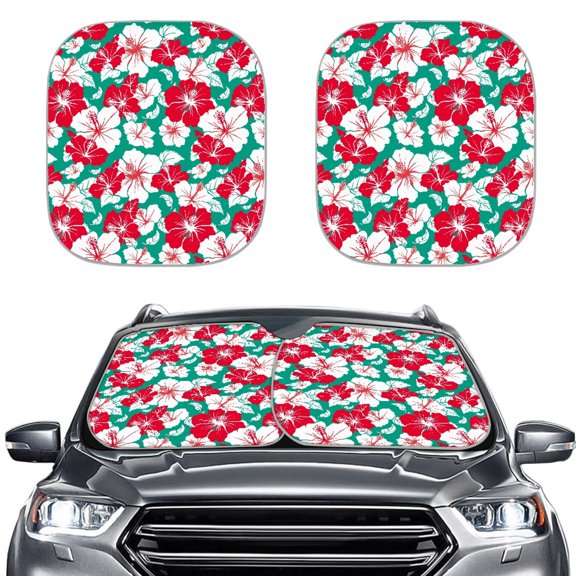 Jeiento Red Hibiscus Car Sunshade for Women 2 Pack Foldable Automotive Interior Accessories for Sun Protection Easy Installation Heat Reflector-Keep Your Vehicle Cool Fit Most Car