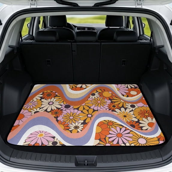Jeiento Retro Wave Daisy Car Trunk Mat 29"x39", Scratch Resistant Washable Rear Cargo Liner Boho Floral Car Accessory