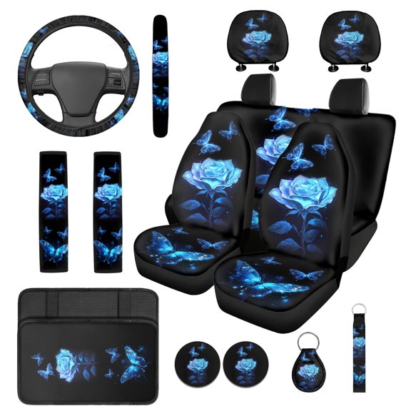 Jeiento Rose 14 PCS Car Seat Cover Full Set with Butterfly Steering Wheel Cover Center Console Cover Seat Belt Cover Headrest Covers Coaster Key Chain Universal Fit for Most Vehicles