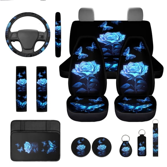 Jeiento Rose Car Seat Cover Full Set, 13 Pcs Auto Interior Accessories Set with Butterfly Steering Wheel Cover, Seatbelt Pads, Armrest Cushion, Coaster, Keychain, Universal Fit for SUV, Truck, Van