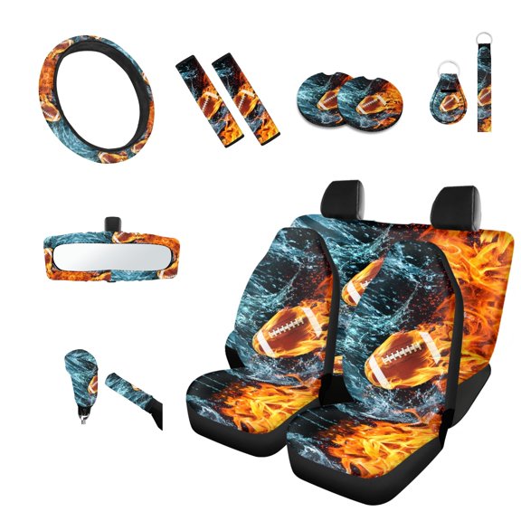 Jeiento Rugby 14 PCS Car Seat Cover with Steering Wheel Cover Seat Belt Strap Pads Rearview Mirror Cover Coasters Handbrake Cover Set Keychains Auto Accessory Fit for SUV Van Sedan Truck