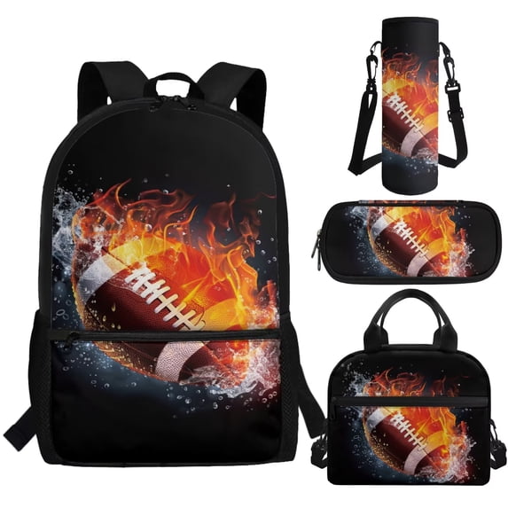 Jeiento Rugby Backpack with Lunch Bag Set for Boys 6-8 8-10 10-12 Kids School Bag Elementary Students Bookbag Lunch Box Water Bottle Holder and Pencil Case 4Pcs Middle Schoolbag Cool Flame