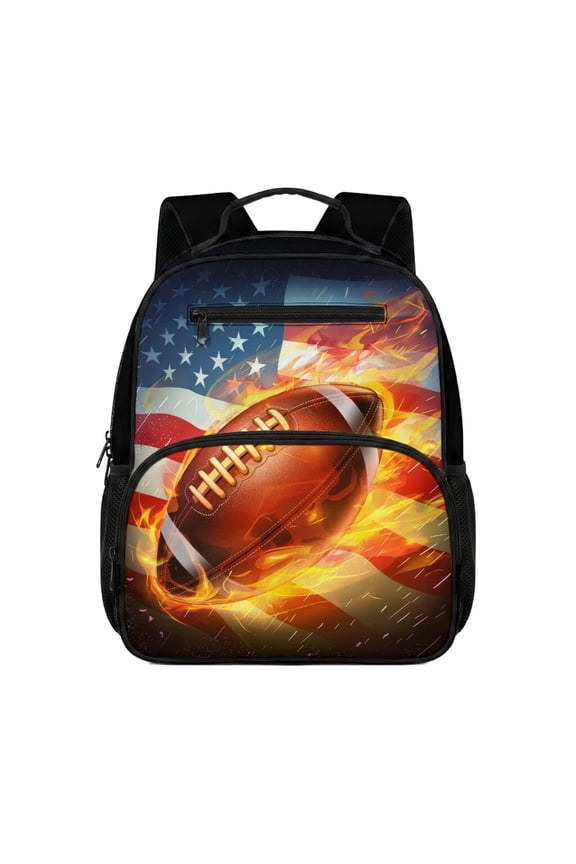 Rugby Preschool Backpack for Toddler, American Flag 13.5 Inch Kids School Backpack for Boys 2-5, Lightweight Bookbag with 2 Front Zipper Pockets
