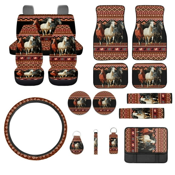 Jeiento Running Horse Car Accessories Sets with Car Seat Covers Car Floor Mats Steering Wheel Cover Seatbelt Shoulder Pad Auto Armrest Cover Southwest Aztec Coasters Keychains Lipstick Holder 17 PCS
