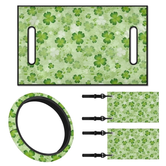 Jeiento Saint Patrick's Day Clovers 4 PCS Golf Cart Seat Cover Set with Golf Cart Steering Wheel Cover Golf Cart Flags Musical Note Universal Seat Blanket Mini Flags for Golf Cart