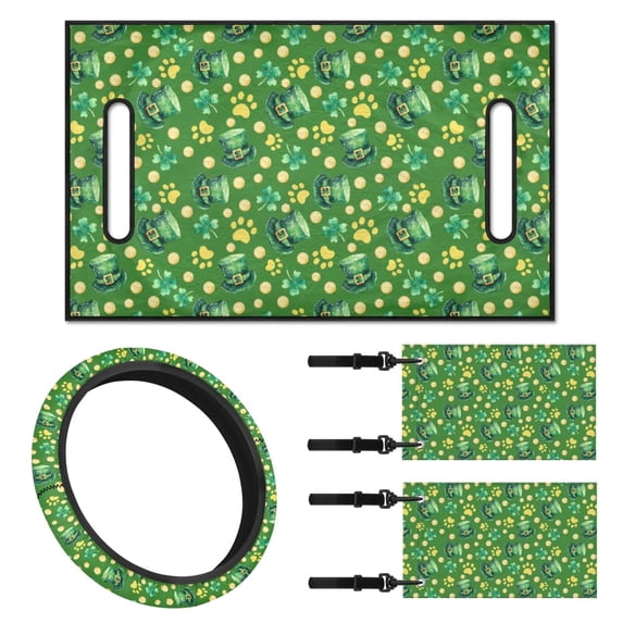 Jeiento Saint Patrick's Day Dog Paw Print Golf Cart Seat Covers 4 Pack with Golf Cart Steering Wheel Cover and Golf Cart Flags Golf Cart Seat Cushion Cover Steering Wheel Cover Decorations