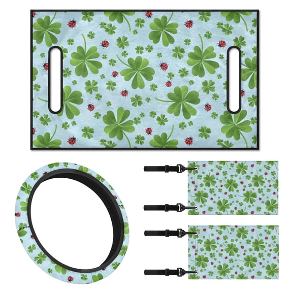 Jeiento Saint Patrick's Day Ladybug Golf Cart Seat Covers 4 Pack with Golf Cart Steering Wheel Cover and 2PCS Golf Cart Flags Universal Seat Blanket 13-14 Inch Steering Wheel Covers