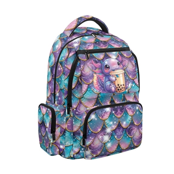 Jeiento School Backpack for Girls 8-12 Years Old 17 Inch Large Capacity Lightweight Water-Resistant Polyester Bookbag, Mermaid Axolotl Backpack for Back to School, Travel & Hiking
