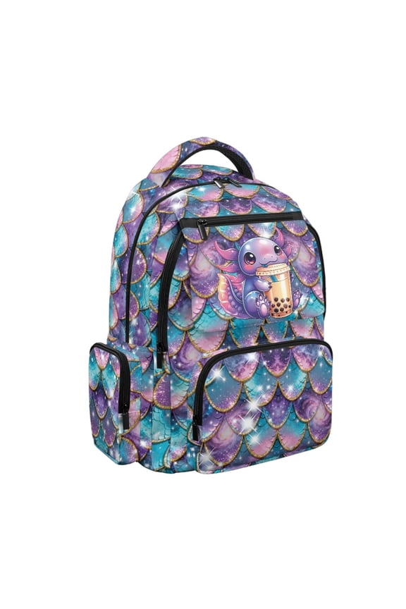 School Backpack for Girls 8-12 Years Old 17 Inch Large Capacity Lightweight Water-Resistant Polyester Bookbag, Mermaid Axolotl Backpack for Back to School, Travel & Hiking