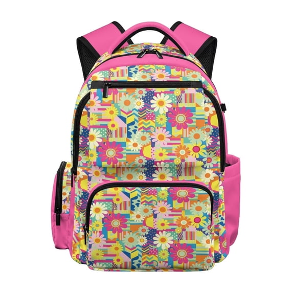 Jeiento School Backpack for Girls 8-14, 17-Inch Large Capacity Water-Resistant Polyester Bookbag with Multi-Pockets Patchwork Floral Back to School Gift for Kids Travel & Daily Use