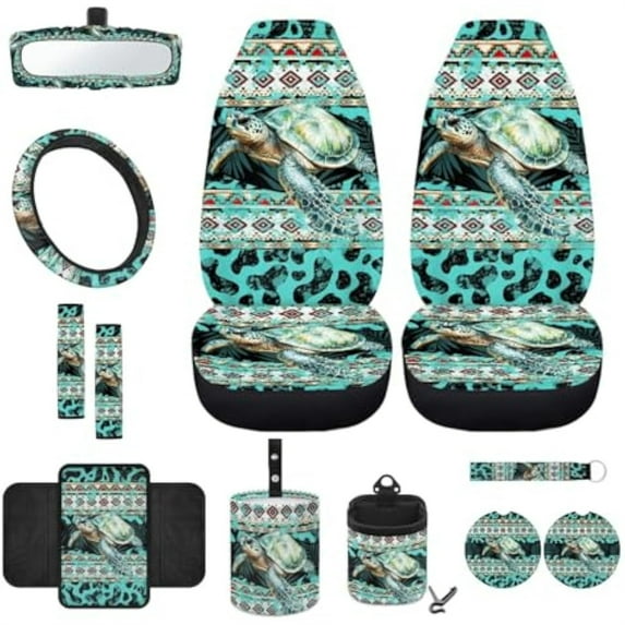 Jeiento Sea Turtle 12 PCS Front Car Seat Cover Full Set, with Steering Wheel Cover Seat Belt Pad Cover Armrest Box Mat Trash Bin Rear View Mirror Cover Keychain Air Vent Bag Southwest Aztec Teal