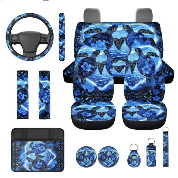 Jeiento Sea Turtle 13 Piece Car Seat Cover Set with Steering Wheel Cover Seatbelt Strap Pad Armrest Pad Hibiscus Flowers Cup Coasters Key Chain Automobile Interior Sets Fit for SUV Sedan