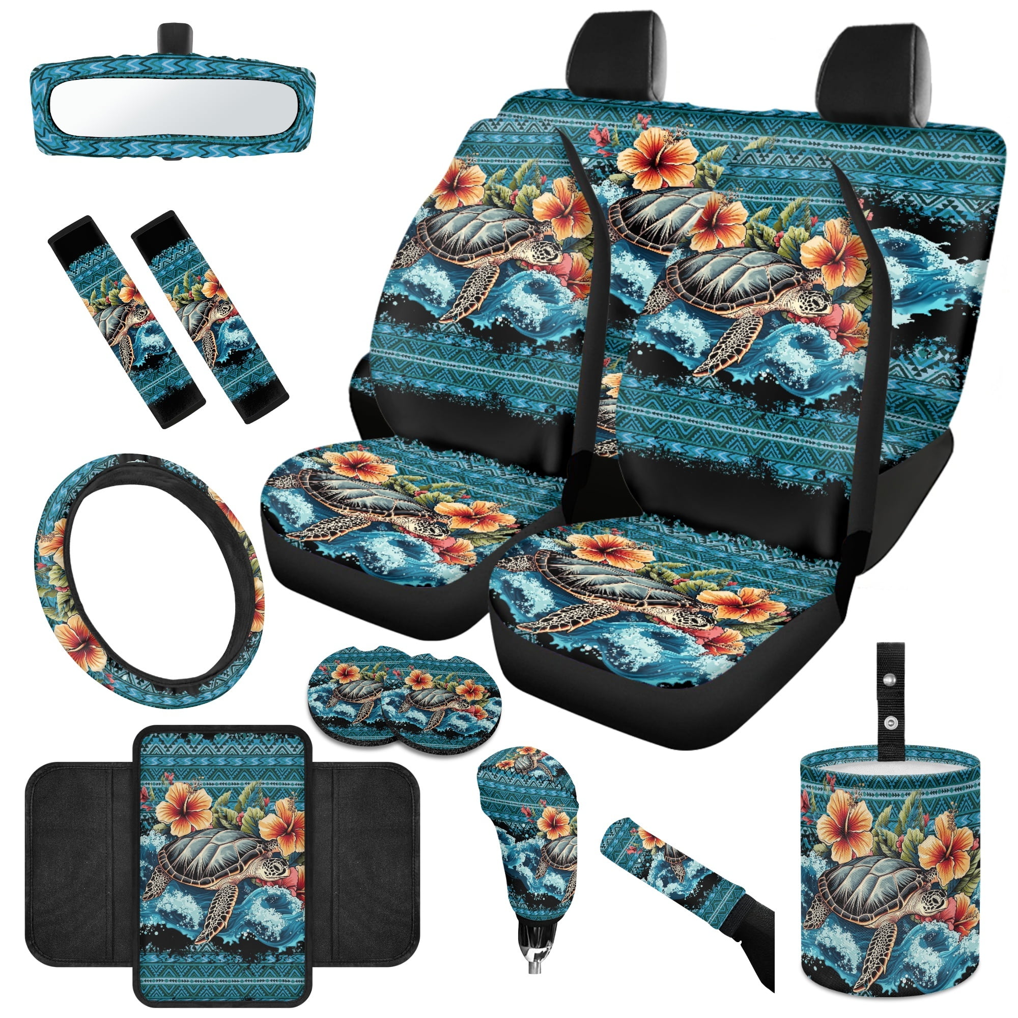 Jeiento Sea Turtle 14 Pcs Car Accessories Set Front Rear Seat Covers Car Seat Belt Pad Trash Bin Steering Wheel Protector Coaster Armrest Pad Gear Shift Cover Aztec Rearview Mirror Cove