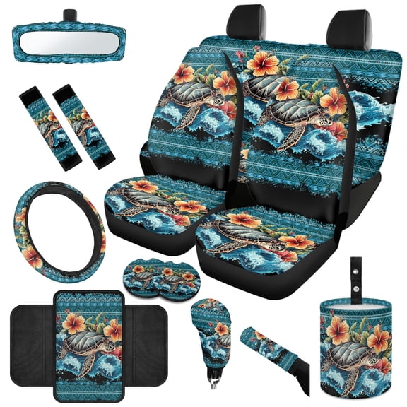 Jeiento Sea Turtle 14 Pcs Car Accessories Set Front Rear Seat Covers Car Seat Belt Pad Trash Bin Steering Wheel Protector Coaster Armrest Pad Gear Shift Cover Aztec Rearview Mirror Cove