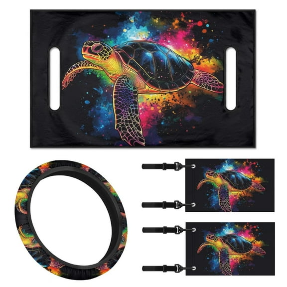 Jeiento Sea Turtle 4 Pack Golf Cart Accessories Set Golf Cart Seat Cover Golf Cart Steering Wheel Cover Golf Cart Flags Golf Cart Seat Protector 13-14 Inch Steering Wheel Covers Small Flag