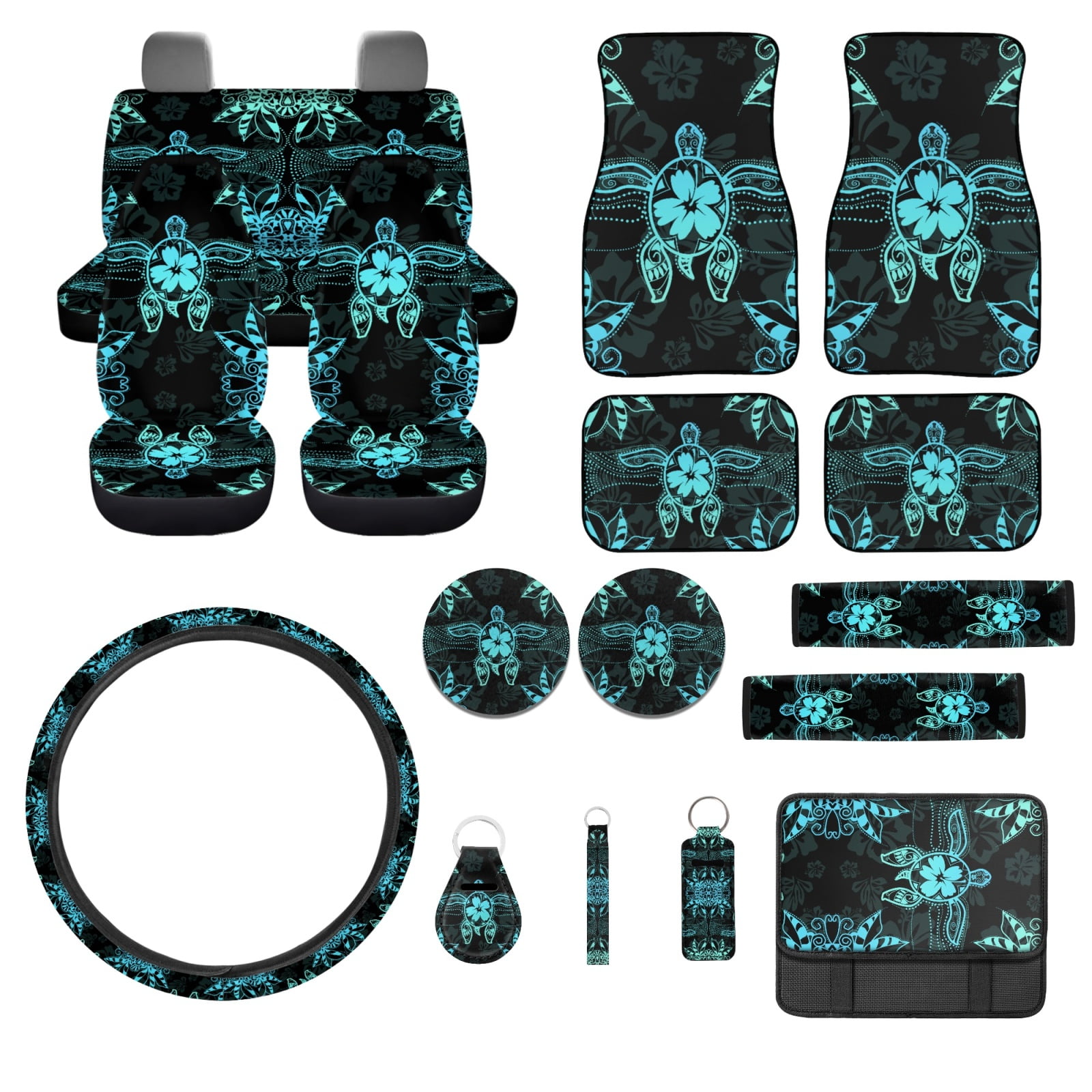 Jeiento Sea Turtle Auto Accessories Set Car Seat Cover Protector Car Floor Mats Steering Wheel Cover Seatbelt Shoulder Pad Armrest Cover Coasters Lipstick Holder Keychains 17 PCS Car Decor
