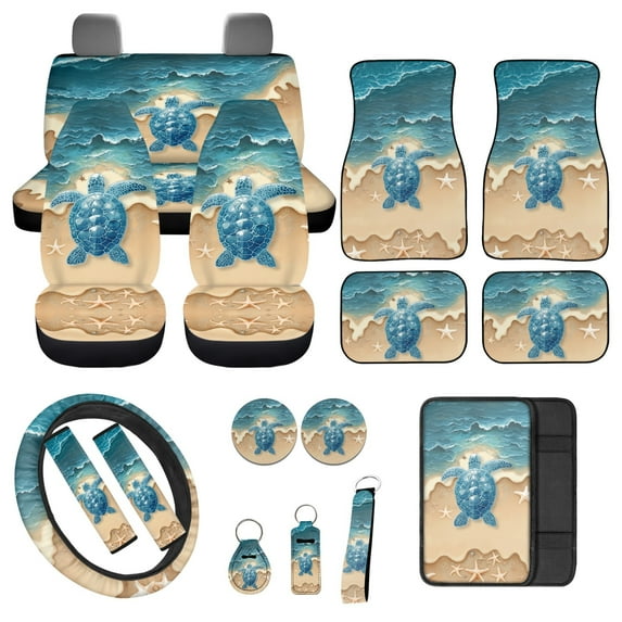 Jeiento Sea Turtle Automotive Seat Covers & Accessories Full Set of 17 Includes Front & Back Seat Cover Beach Style Car Floor Mat Seat Belt Cover Pads Steering Wheel Cover Universal Fit
