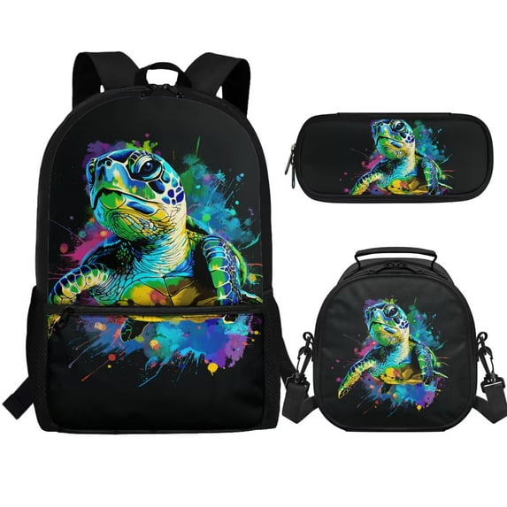 Jeiento Sea Turtle Backpack and Lunch Bag Set for Boys 6-8 Kids School Bookbag with Lunch Box Pencil Case Splash Ink Elementary Primary Students Schoolbag Set, Black, 3 IN 1