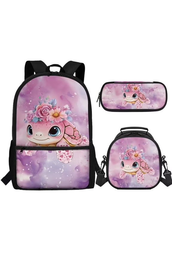Sea Turtle Backpack with Lunch Box for Girls Cute Bookbag and Lunchbox Set for Kids Flower 3 in 1 Middle School Bag Lunch Bag Pencil Bag, Pink