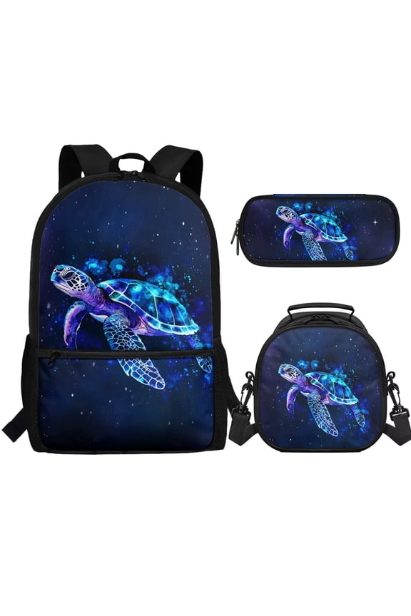 Sea Turtle Backpack Lunchbag Set for Boys 6-8 Starry sky Primary School Bookbag with Insulated Lunch Box Pencil Pouch 3 PCS Set Kids Book Bags for School Girls