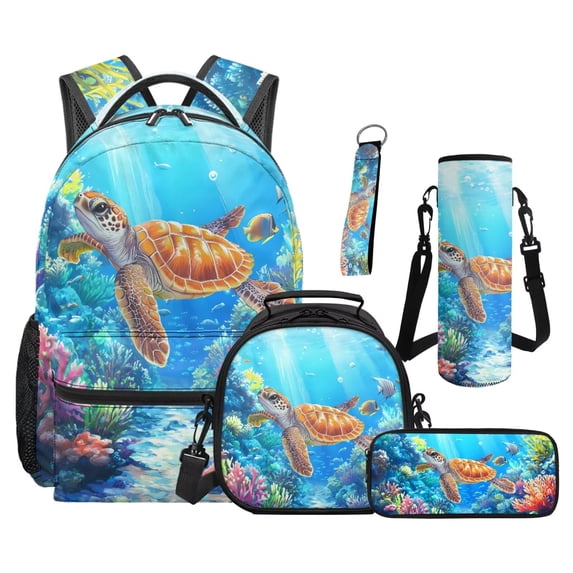 Jeiento Sea Turtle Backpack Set 5 Pcs Cartoon 17 Inch Waterproof Backpack with Lunch Bag Pencil Pouch for 9-12 Years Old Middle School Kids School Bags