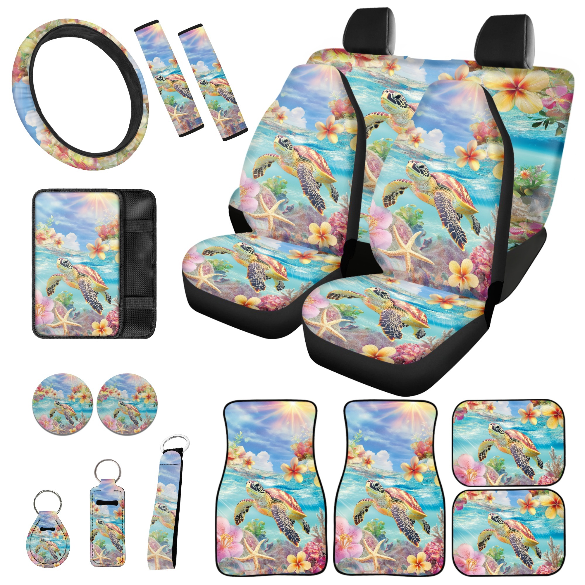 Jeiento Sea Turtle Car Accessories Full Set of 17 Front Rear Seat Covers with Floor Mats Starfish Steering Wheel Cover Floral Center Console Pad Seatbelt Pads Auto Interior Decoration Universal Fit