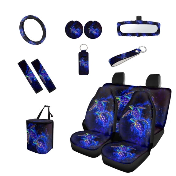 Jeiento Sea Turtle Car Accessories Sets 13 Pack with Car Seat Protector Steering Wheel Cover Seatbelt Covers Trash Can Rearview Mirror Cover Cup Coasters Key Chain Chapstick Holder Auto Decor