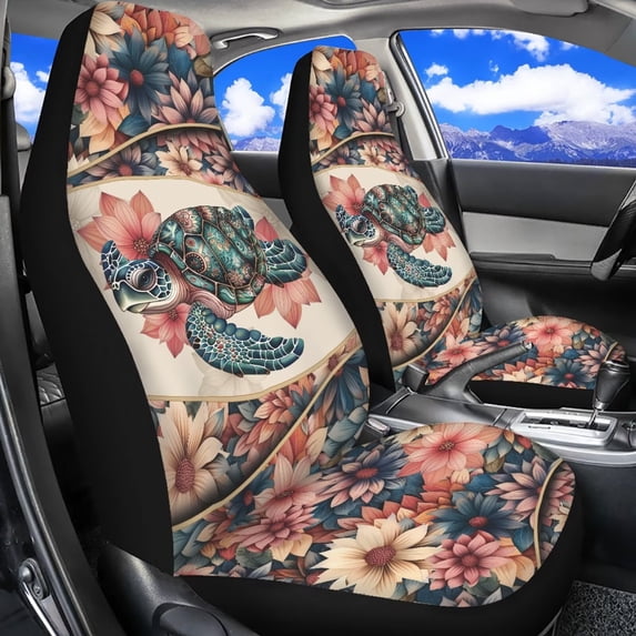 Jeiento Sea Turtle Car Front Seat Covers Elastic Fabrics Universal Front Seat Cover Boho Flower Removable Automotive Accessories Easy Installation Suitable for Cars SUV