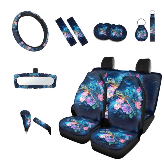 Jeiento Sea Turtle Car Seat Cover Full Set 14 Pieces, with Steering Wheel Cover Seatbelt Shoulder Pad Coasters Floral Rear View Mirror Cover Blue Keychain Handbrake Cover Set Universal Fit