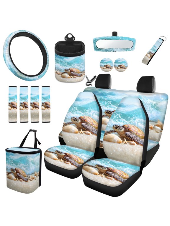 Sea Turtle Car Seat Cover Full Set with Steering Wheel Cover Seat Belt Strap Cover Blue Ocean Trash Can Rear View Mirror Cover Cup Coaster Keychain Wristlet Strap Car Vent Organizer, 15 PCS