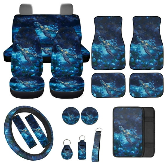 Jeiento Sea Turtle Car Seat Cover Full Set for Women Men Front and Rear Split Seat Covers Floor Mats Center Console Pad Blue Flower Seat Belt Pad for Vehicle Truck Sedan SUV