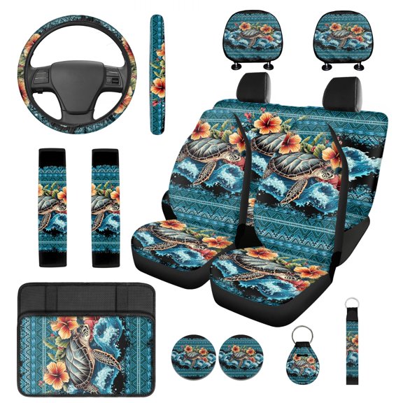 Jeiento Sea Turtle Car Seat Covers Full Set Southwest Aztec Steering Wheel Cover Safe Belt Pads Coasters Center Console Cover Head Rest Covers Keychain, Set of 14