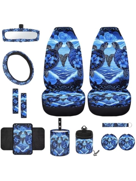 Sea Turtle Car Seat Covers Full Set Steering Wheel Cover Seatbelt Pads Armrest Cover Trash Can Auto Rear View Mirror Covers Air Vent Pouch Coasters Keychain 12 Pack Blue Hibiscus Flowers