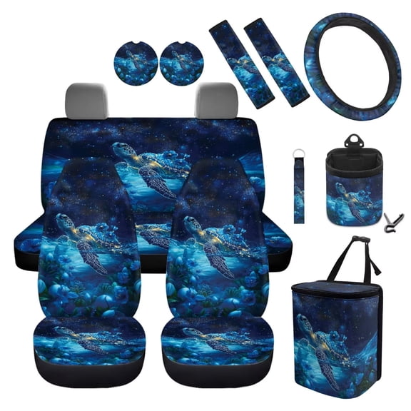 Jeiento Sea Turtle Car Seat Covers Set 12 PCS Steering Wheel Cover Auto Seat Belt Pads Trash Bin Hanging Storage Bag Cup Holders Blue Flowers Wristlet Keychain Auto Accessory for SUV Van Truck