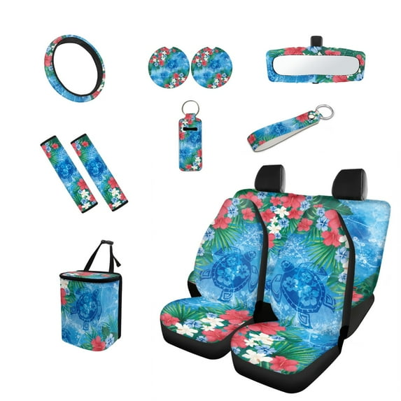 Jeiento Sea Turtle Car Seat Covers Set 13 Pcs Steering Wheel Cover Car Seat Belt Cover Car Trash Can Car Rear View Mirror Cover Floral Car Cup Coasters Keychain Lipstick Covers for SUV Sedan