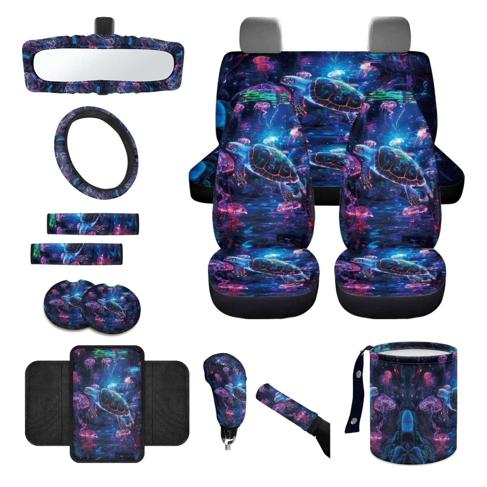 Jeiento Sea Turtle Car Seat Covers Set 14 Pcs Auto Seat Protector with Steering Wheel Cover Seat Belt Pads Garbage Bag Armrest Cover Handbrake Cover Set Rear View Mirror Protector Coasters