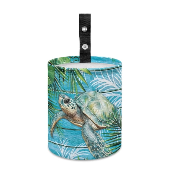 Jeiento Sea Turtle Car Trash Cans Hanging Bag for Camping Travel Accessories Collapsible Auto Waste Basket Container with Adjustable Strap Palm Leaves Vehicle Trash Can